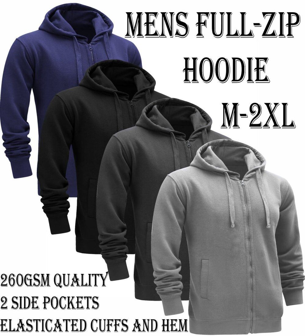 Mens Full-Zip Hooded Fleece Sweatshirt Plain Workwear Casual Jumper SweaterM-2XL
