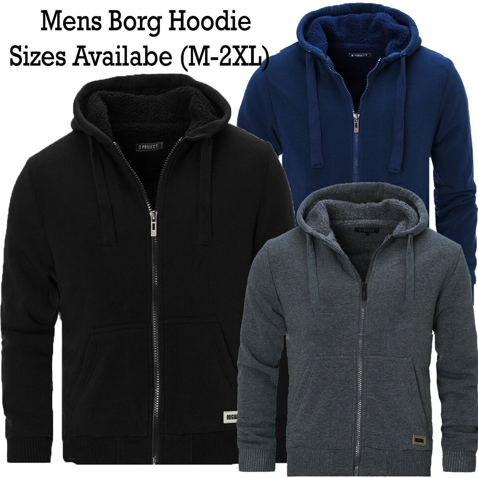 Mens Padded Borg Fleece Lined Full Zip Up Hoodie Sweatshirt Quality Jacket M-XXL