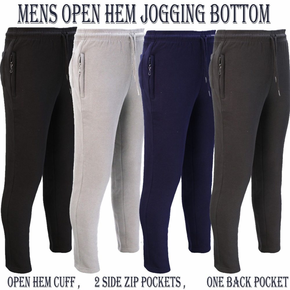 Mens Fleece Joggers Open Hem Jogging Bottoms Zip Pockets Trouser Pant New